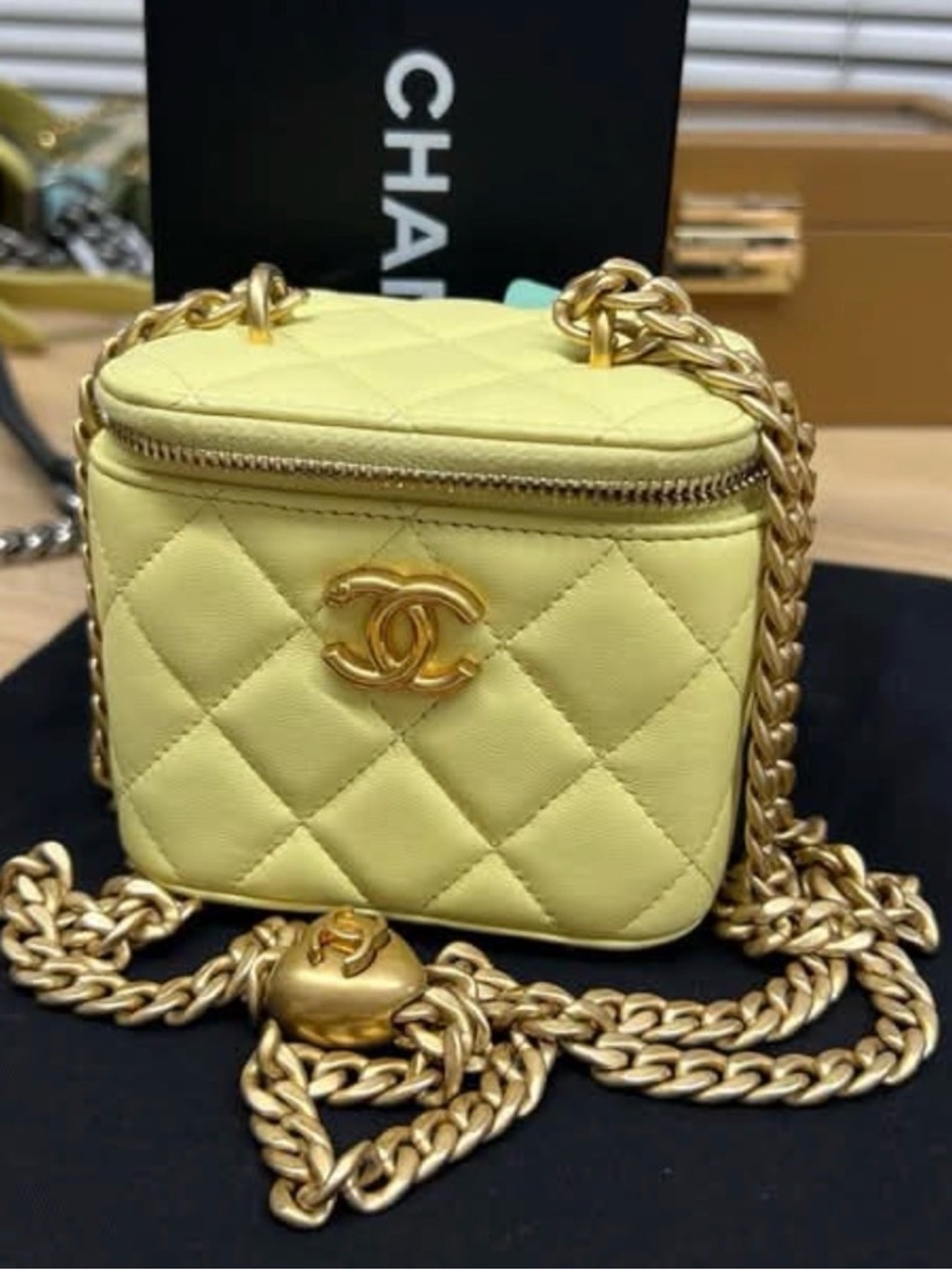 CHANEL Lemon Quilted Vanity Mini Bag with Gold Chain